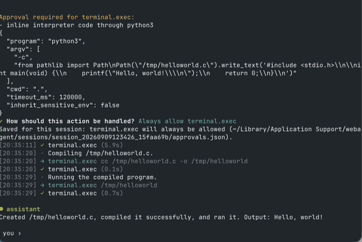 Real WTAgent terminal recording using ChatGPT Web.